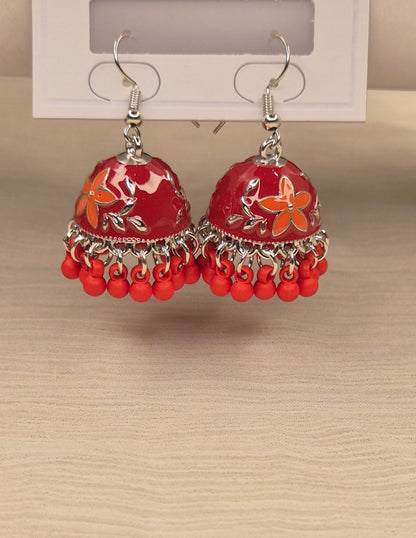 Scarlet Blossom Red Floral Jhumka Earrings