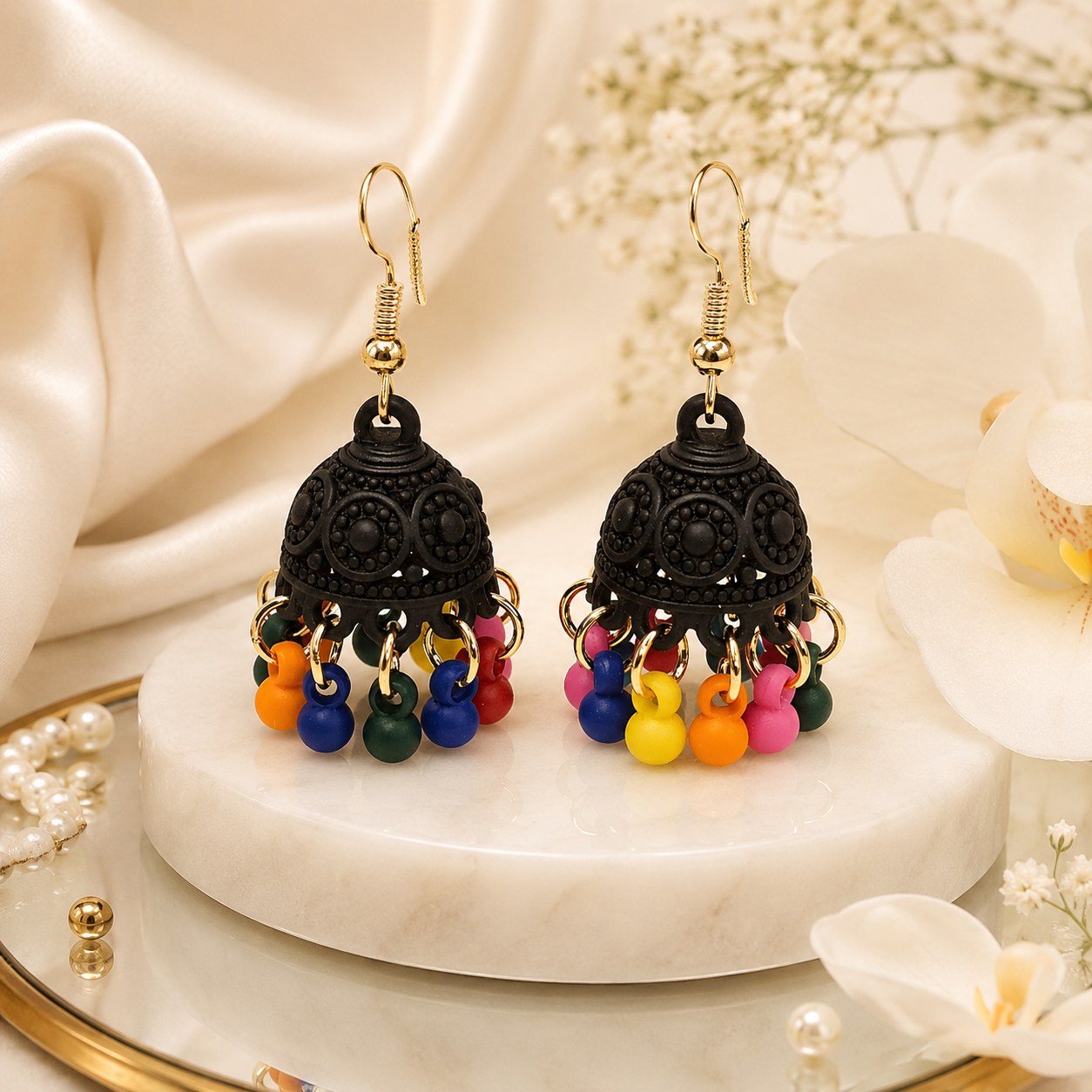Vibrant Essence Multi-Color Matte Black Jhumka Earrings