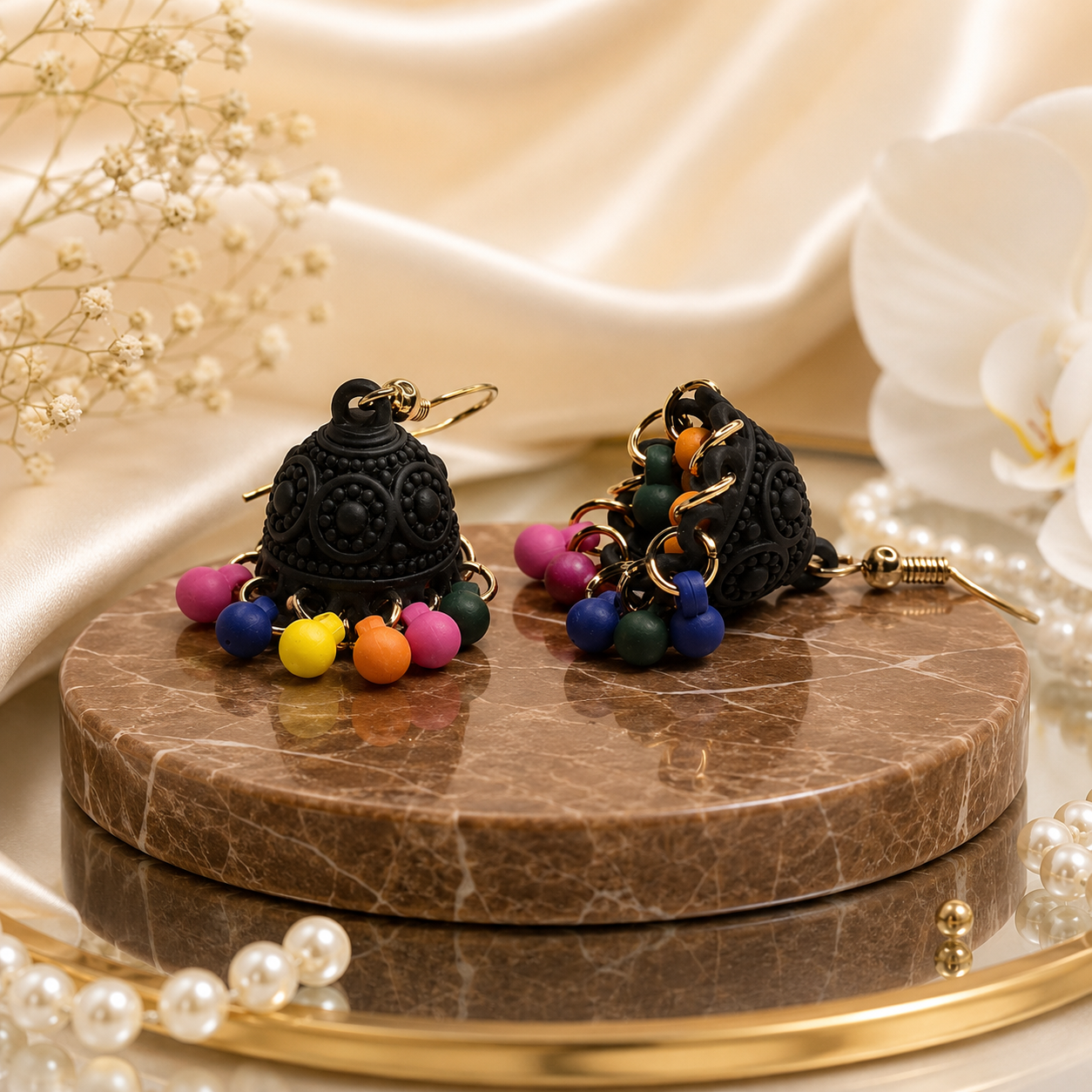 Vibrant Essence Multi-Color Matte Black Jhumka Earrings