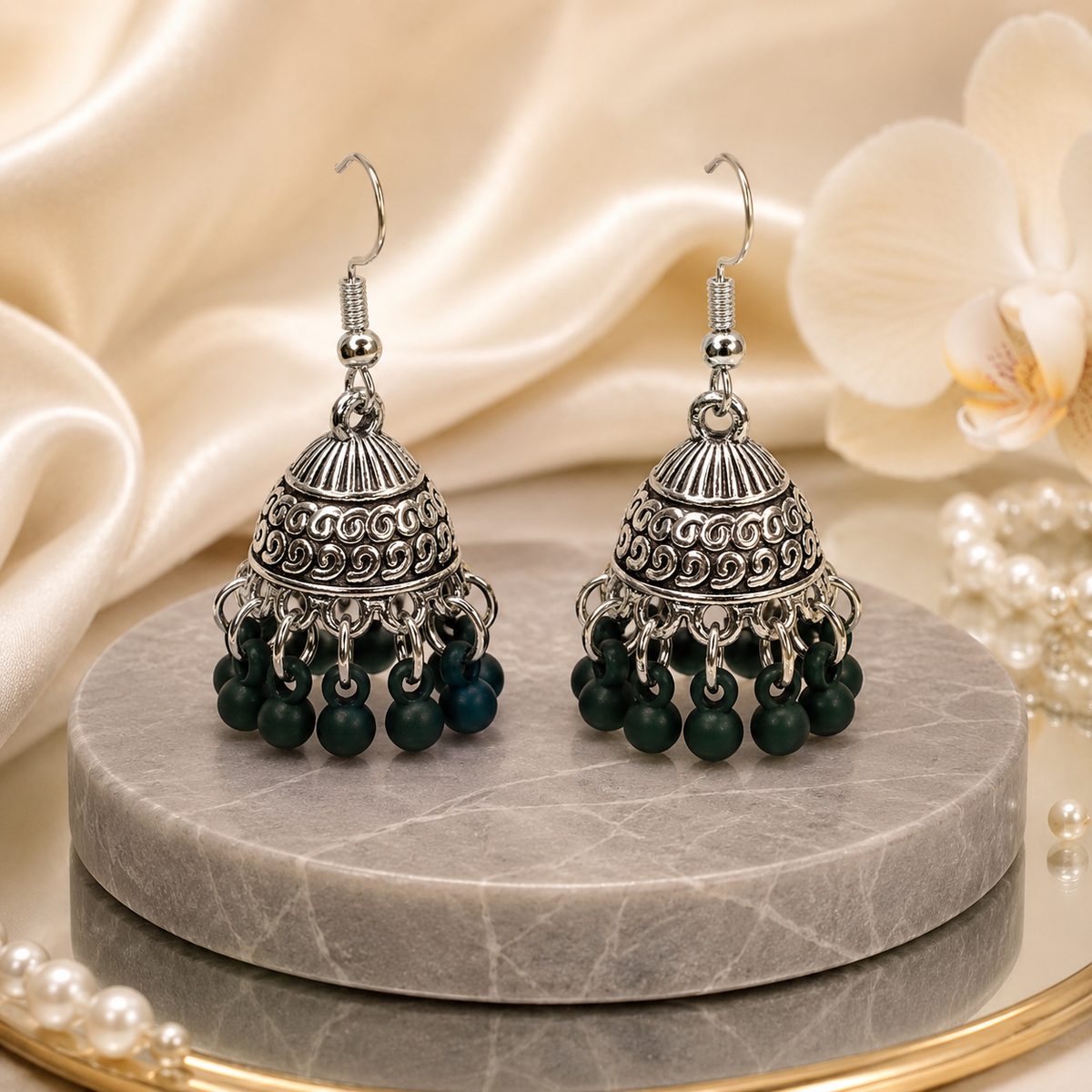 Vintage Grace Silver Oxidized Matte Green Jhumka Earrings