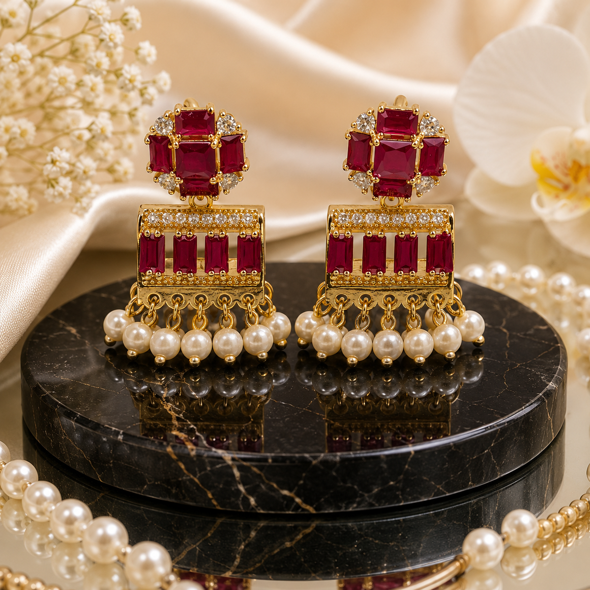 Royal Radiance Ruby Zircon & Pearl Drop Statement Earrings