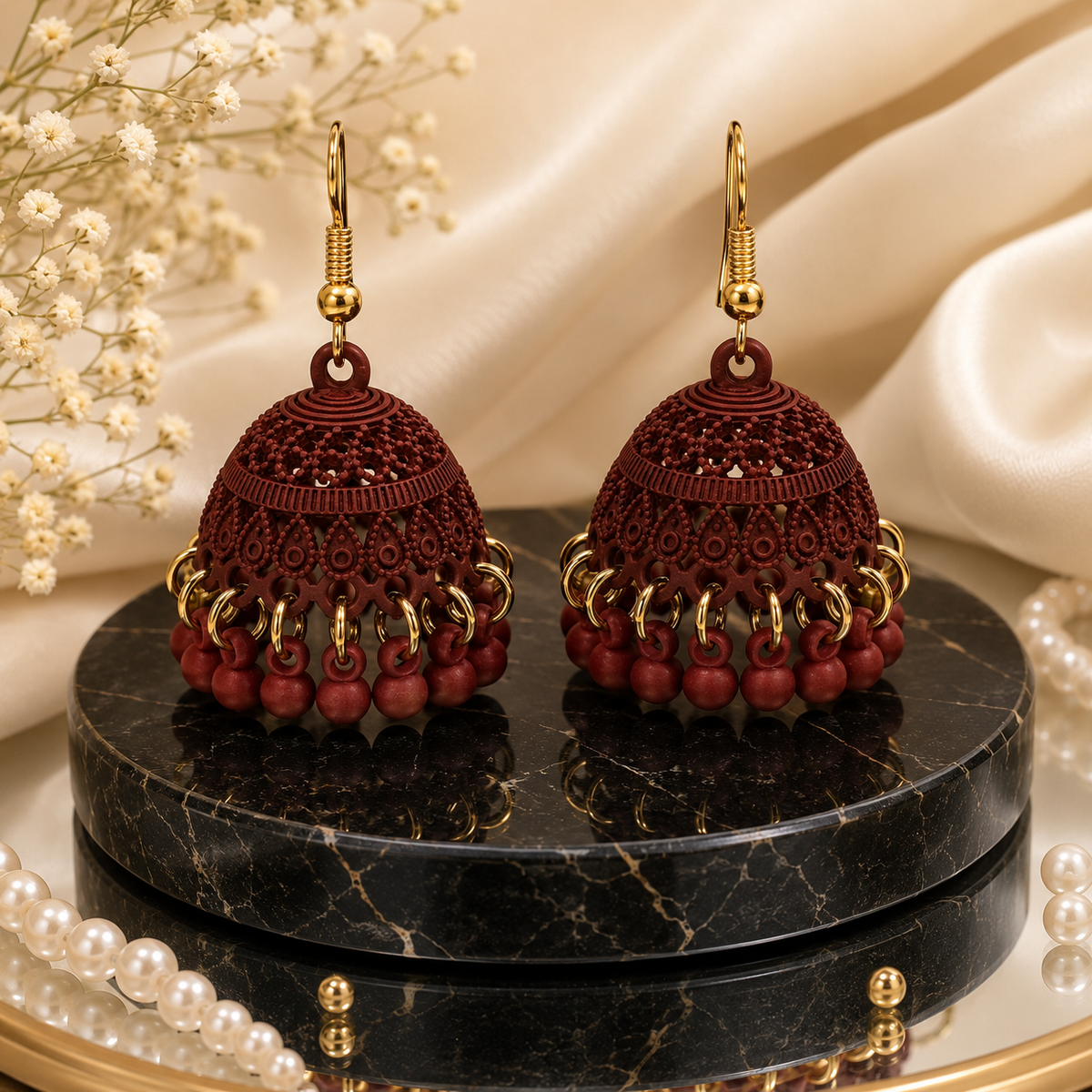 Classic Elegance Matte Maroon Filigree Jhumka Earrings