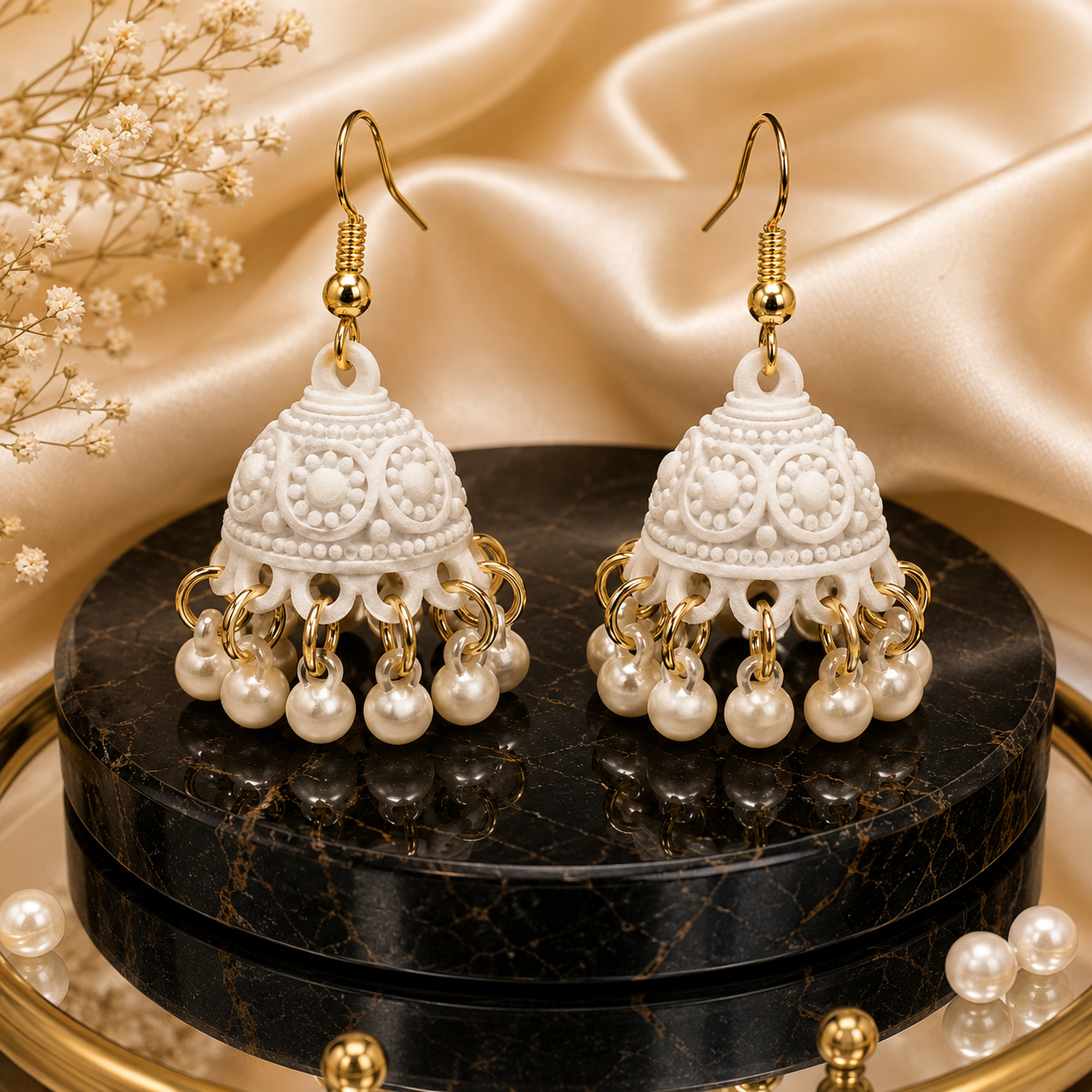 Pure Grace Matte White Detailed Pearl Jhumka Earrings