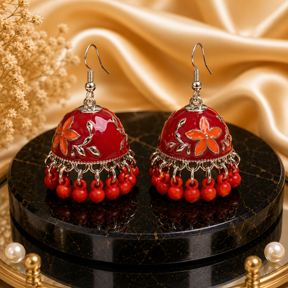 Scarlet Blossom Red Floral Jhumka Earrings