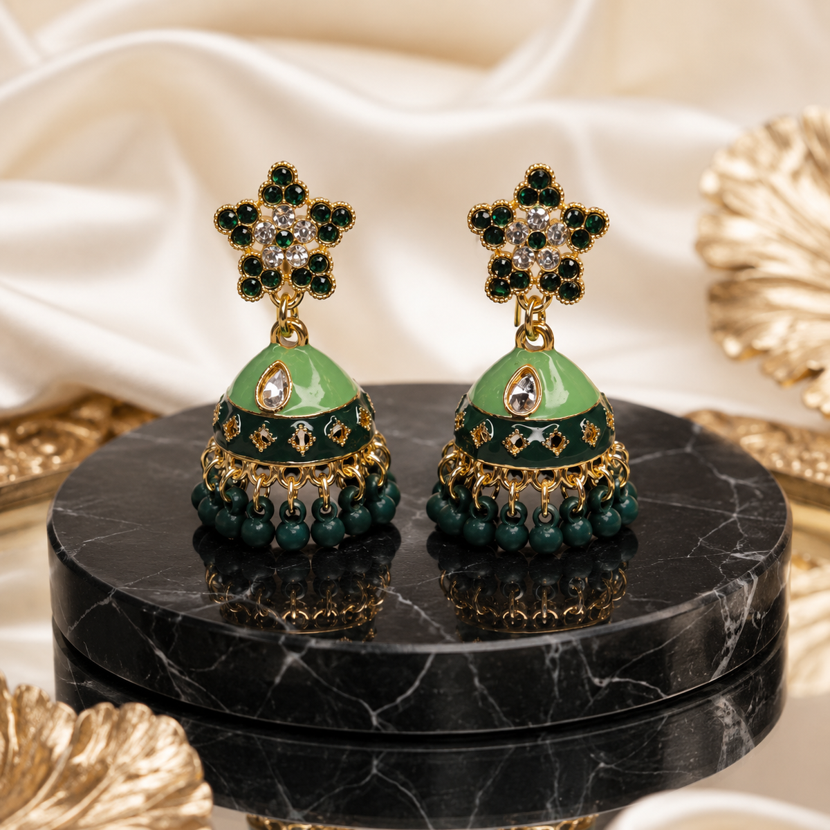 Emerald Grace Mint Green Royal Jhumka Earrings