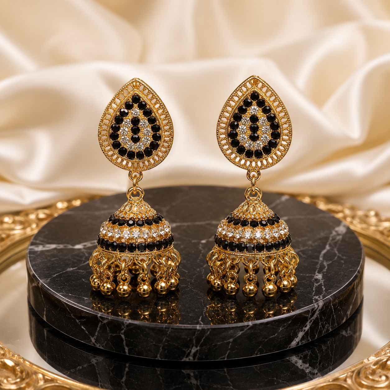 Majestic Tear-Drop Black & White Crystal Jhumka Earrings