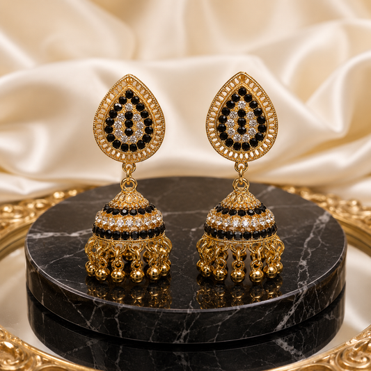 Majestic Tear-Drop Black & White Crystal Jhumka Earrings