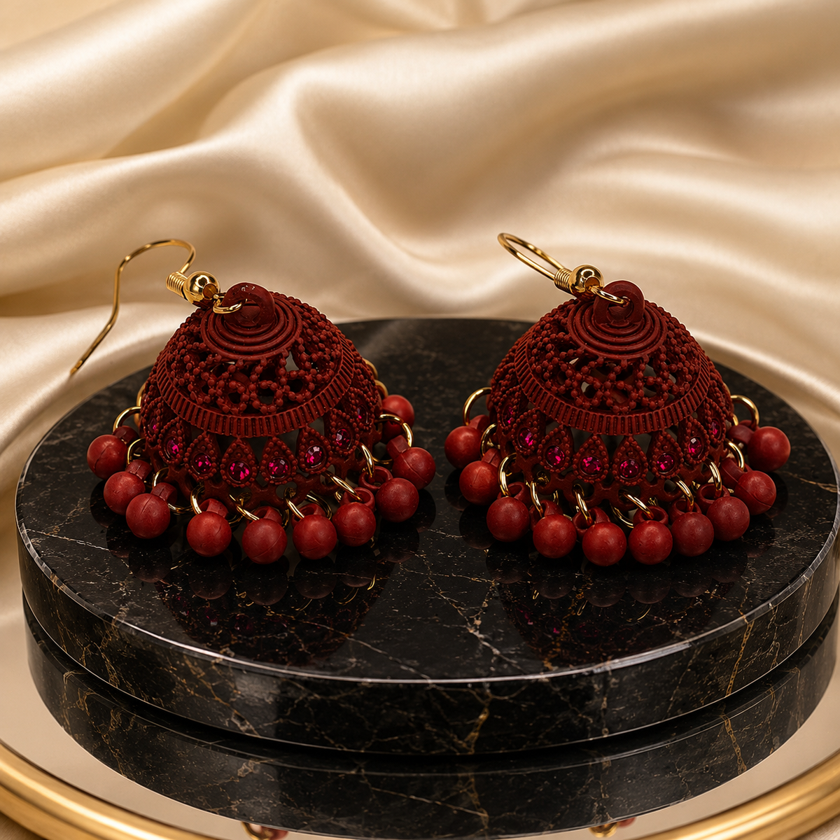 Classic Elegance Matte Maroon Filigree Jhumka Earrings