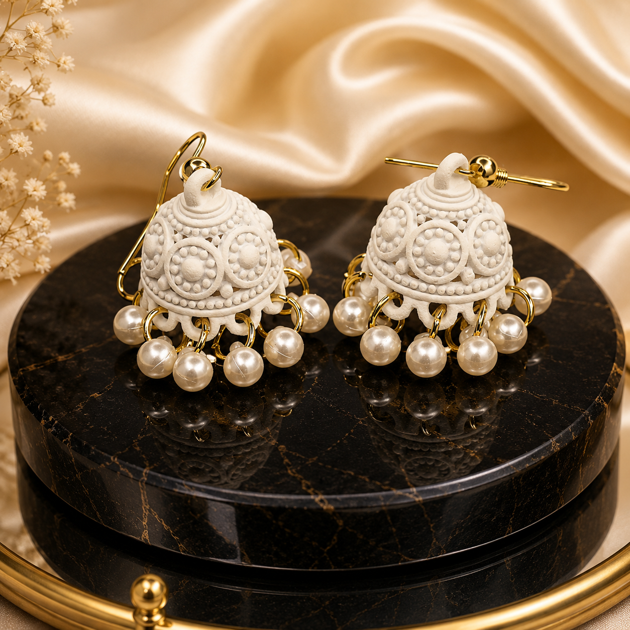 Pure Grace Matte White Detailed Pearl Jhumka Earrings