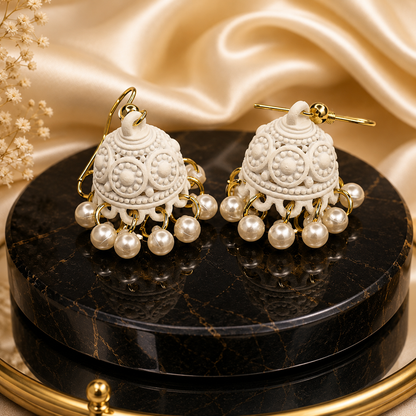 Pure Grace Matte White Detailed Pearl Jhumka Earrings