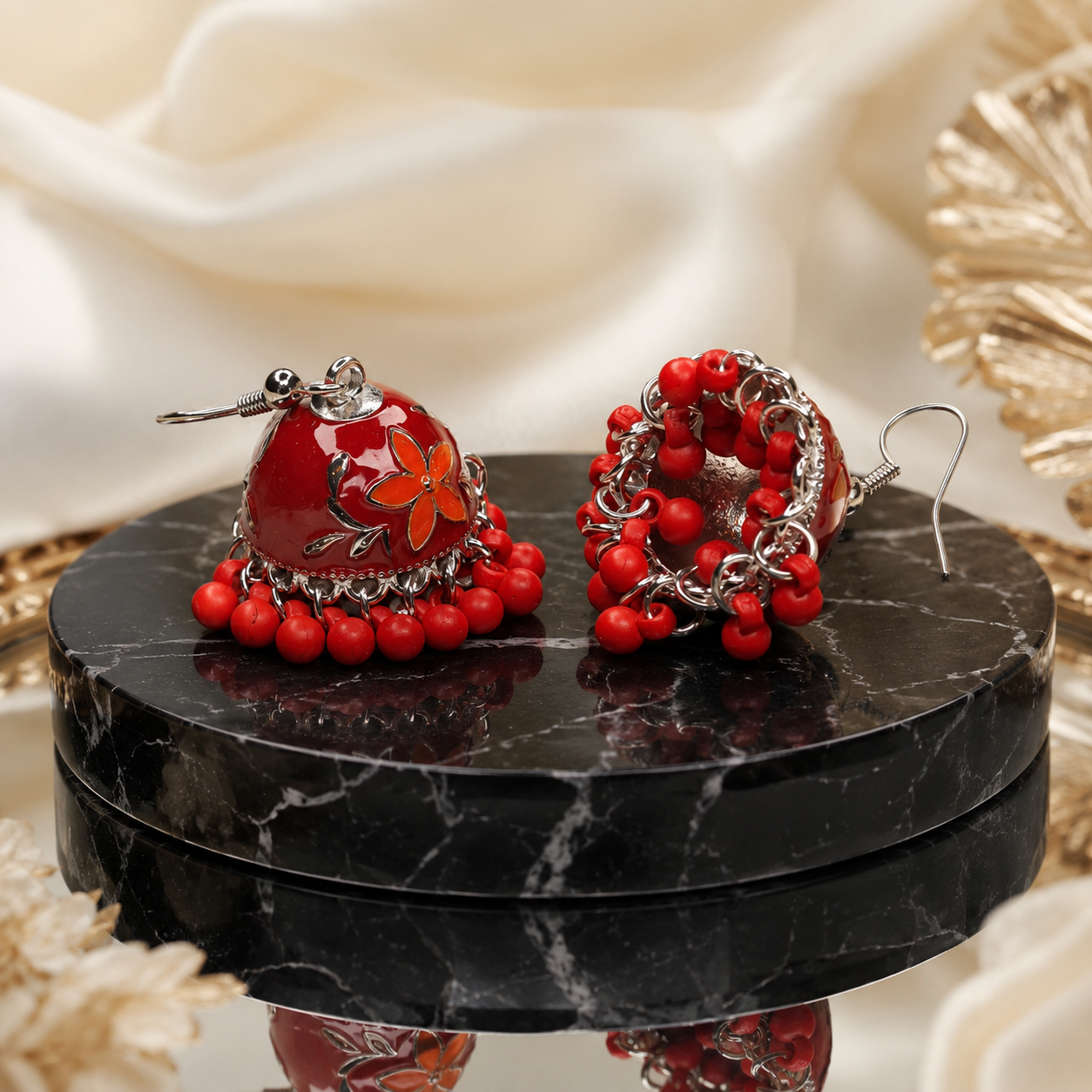 Scarlet Blossom Red Floral Jhumka Earrings
