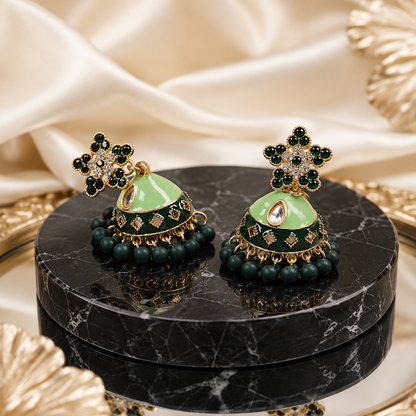 Emerald Grace Mint Green Royal Jhumka Earrings