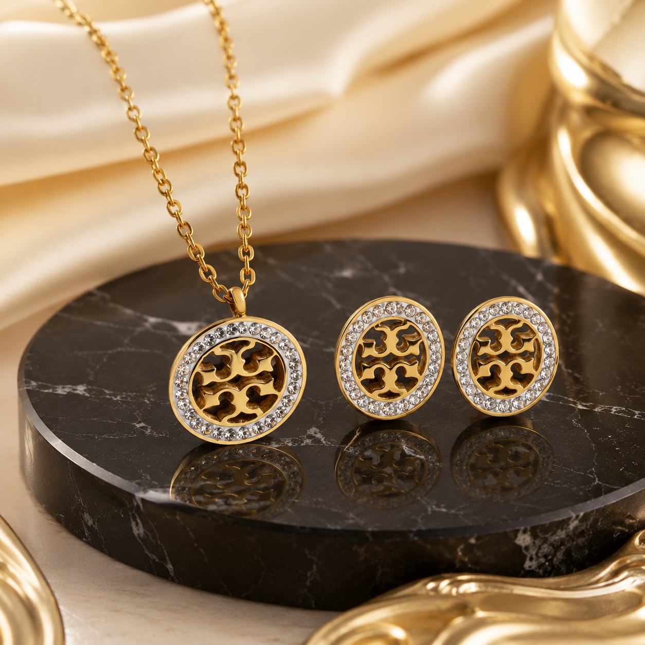 Imperial Glow Gold Plated Medallion Pendant & Studs Set