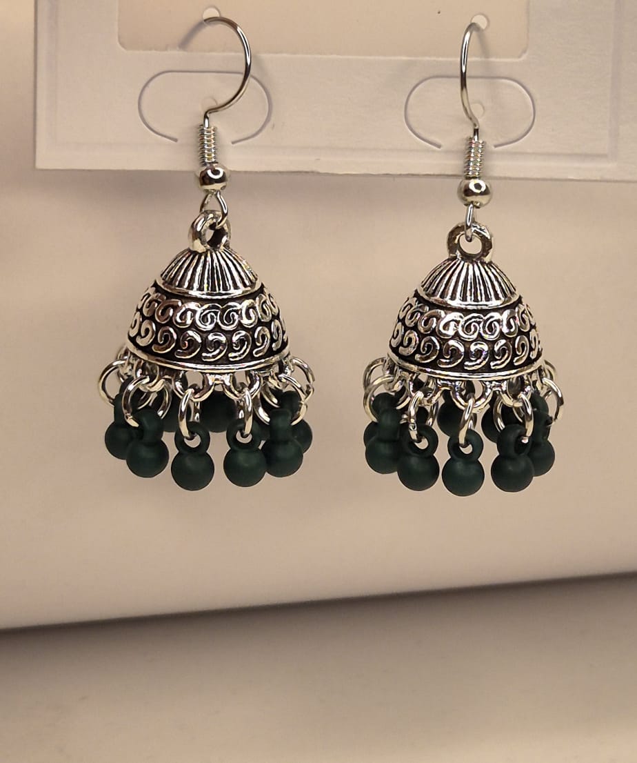 Vintage Grace Silver Oxidized Matte Green Jhumka Earrings