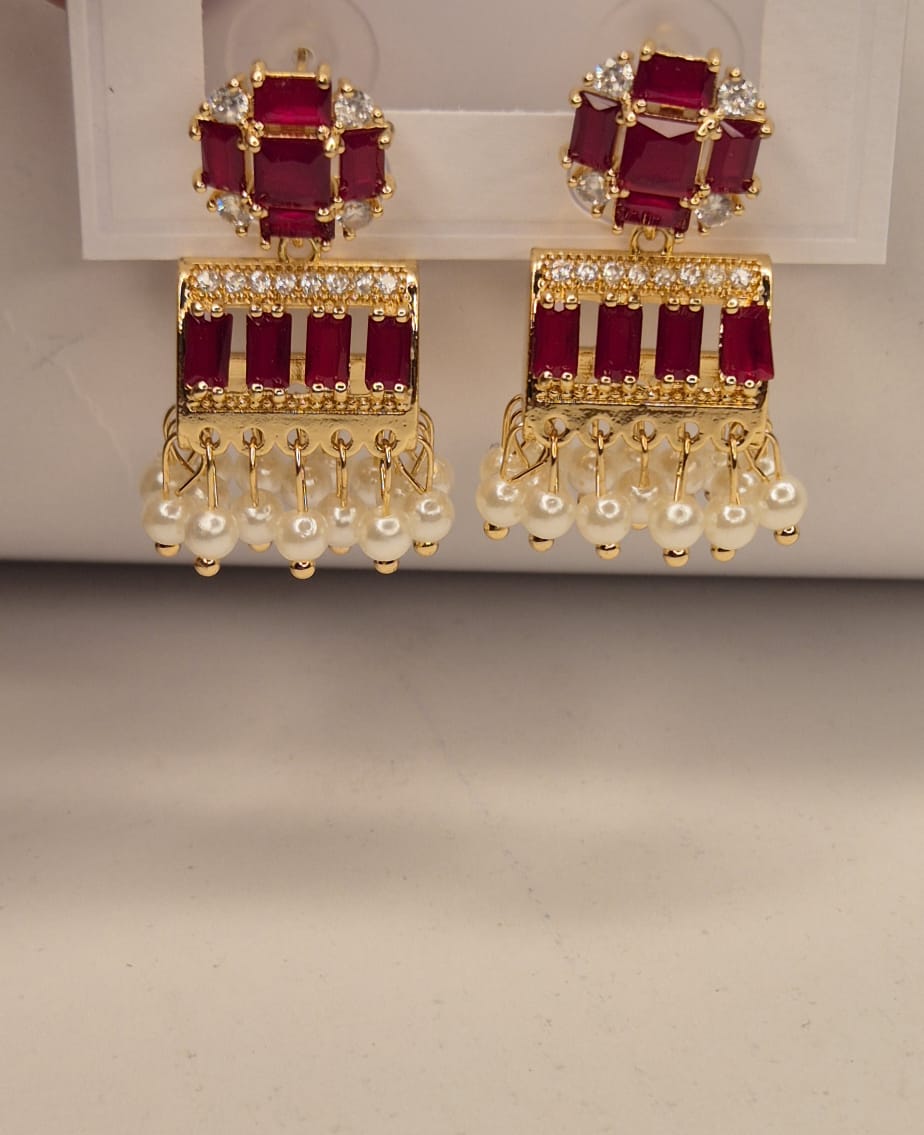 Royal Radiance Ruby Zircon & Pearl Drop Statement Earrings