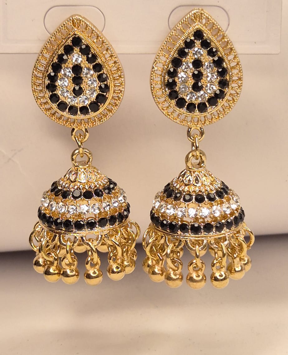 Majestic Tear-Drop Black & White Crystal Jhumka Earrings