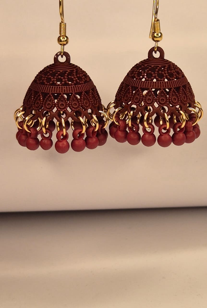 Classic Elegance Matte Maroon Filigree Jhumka Earrings