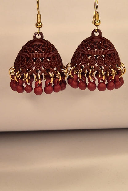 Classic Elegance Matte Maroon Filigree Jhumka Earrings