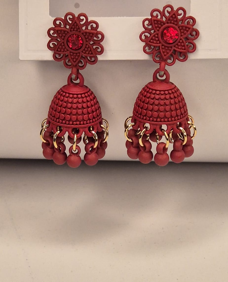 Crimson Bloom Matte Red Floral Cutout Jhumka Earrings