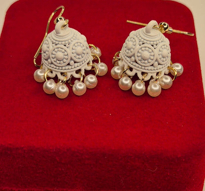 Pure Grace Matte White Detailed Pearl Jhumka Earrings
