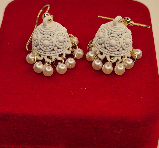 Pure Grace Matte White Detailed Pearl Jhumka Earrings