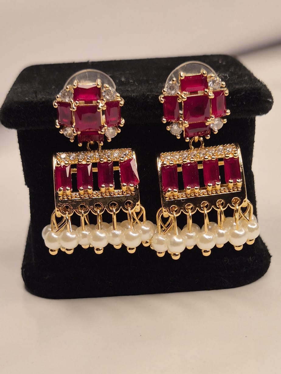Royal Radiance Ruby Zircon & Pearl Drop Statement Earrings