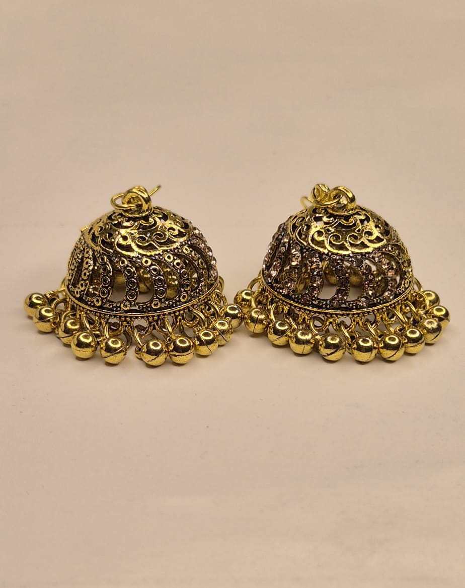 Heritage Glam Antique Gold Crystal Embedded Jhumkas