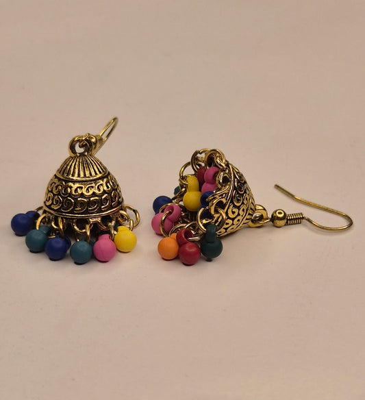 Traditional Heritage Antique Gold Multi-Color Jhumka Earrings