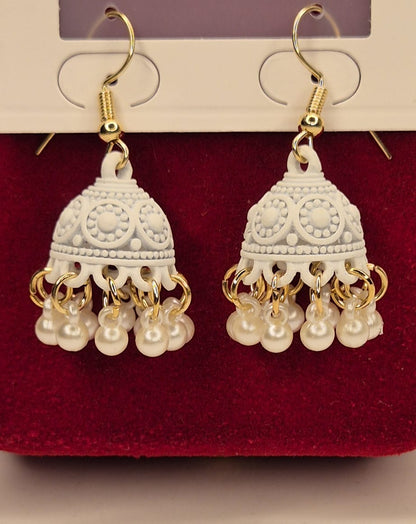 Pure Grace Matte White Detailed Pearl Jhumka Earrings