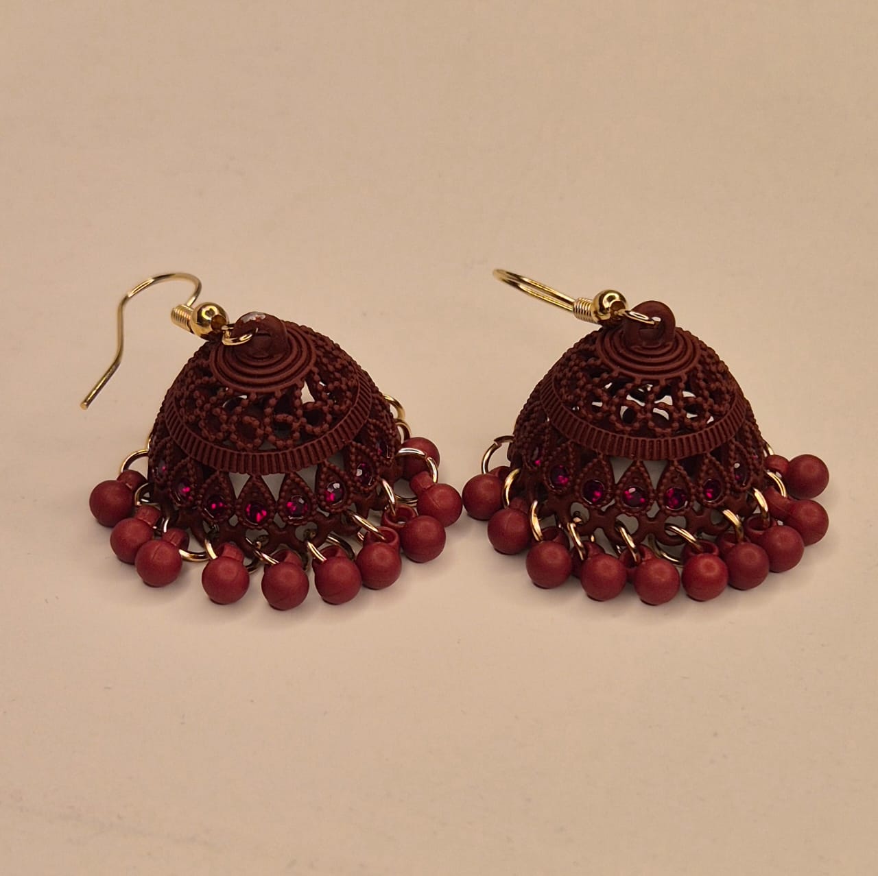 Classic Elegance Matte Maroon Filigree Jhumka Earrings