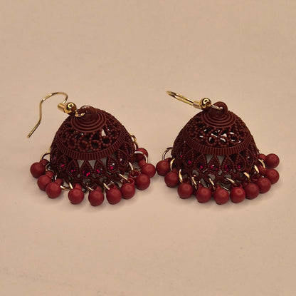 Classic Elegance Matte Maroon Filigree Jhumka Earrings